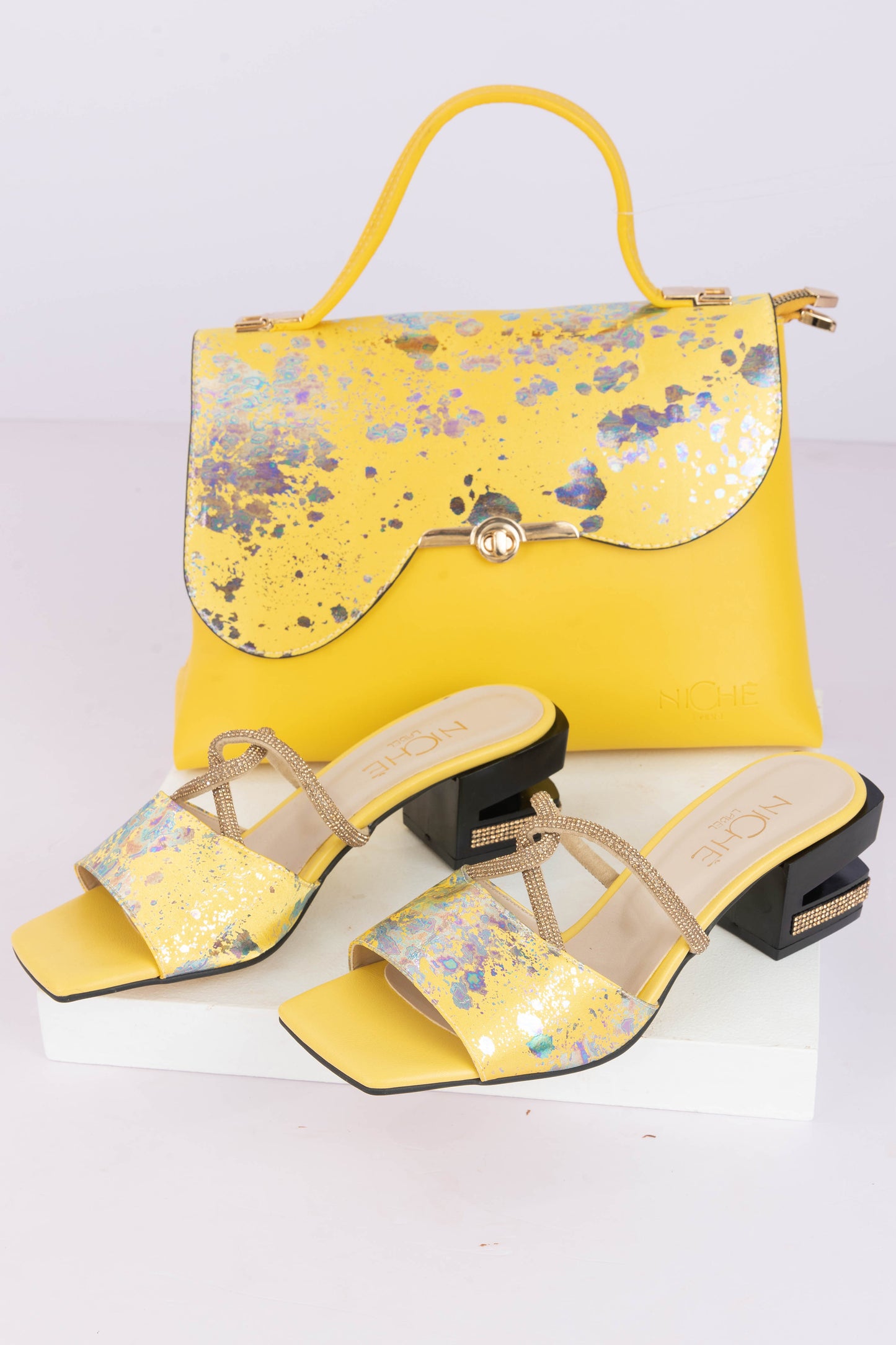 Sunny Satchel Yellow Handbag +  Sparkly Heels